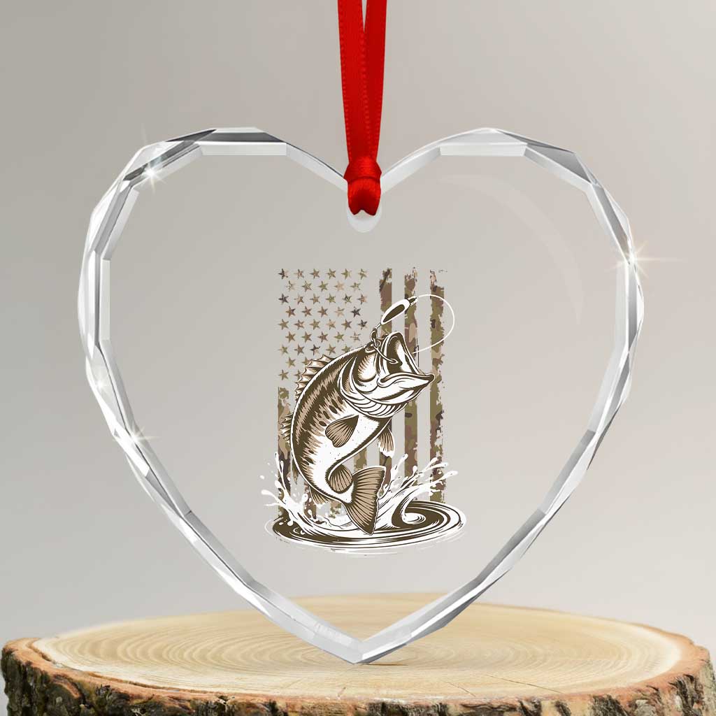 Fishing Camo Heart Crystal Glass Ornament Bass Fish American Flag Boy Men Fisherman Gift