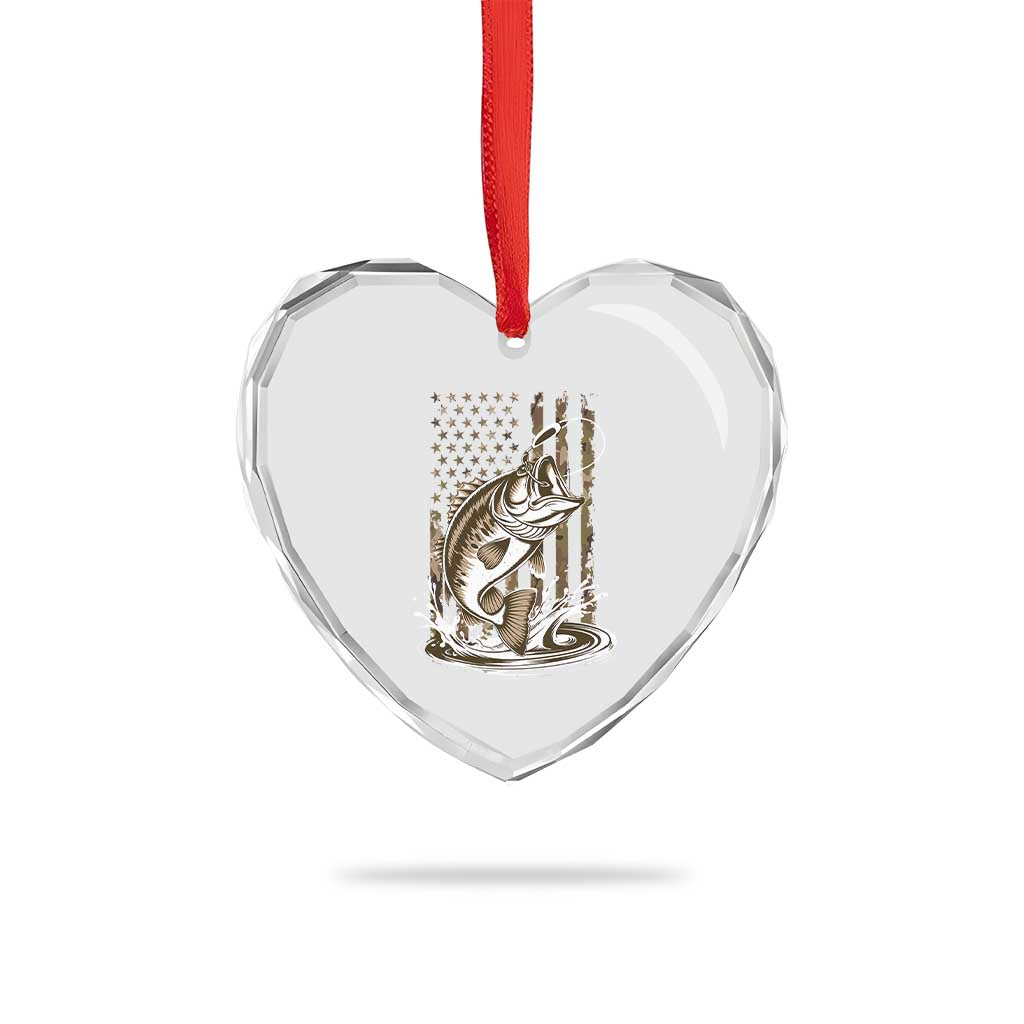 Fishing Camo Heart Crystal Glass Ornament Bass Fish American Flag Boy Men Fisherman Gift