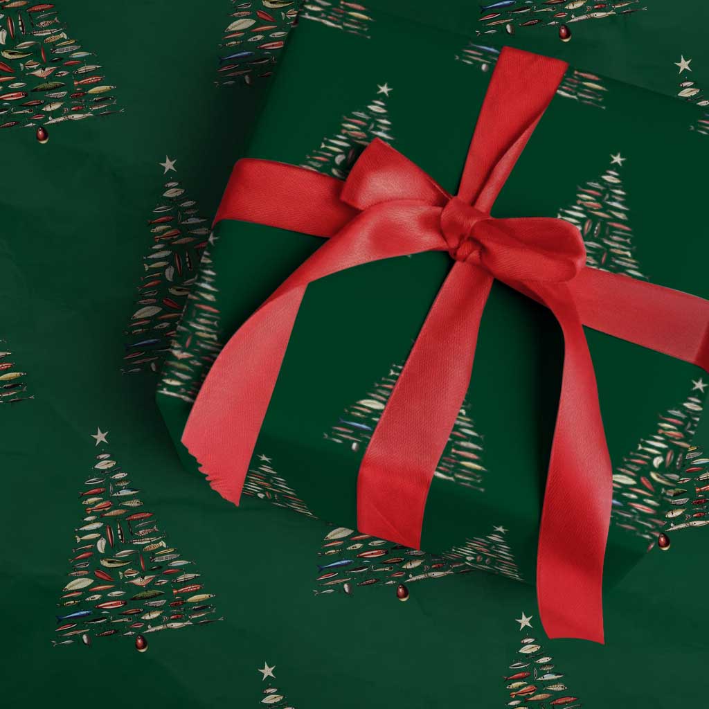 Fishing Lure Christmas Tree Wrapping Paper Roll Retro Fisherman Xmas Fish Fly - Wonder Print Shop