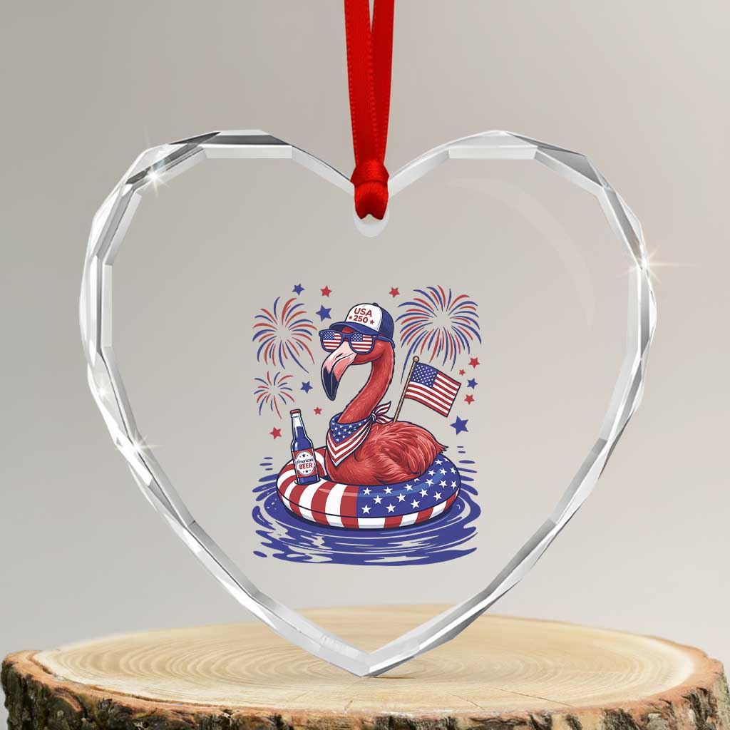 Flamingo 4Th Of July Patriotic USA American Flag Heart Crystal Glass Ornament