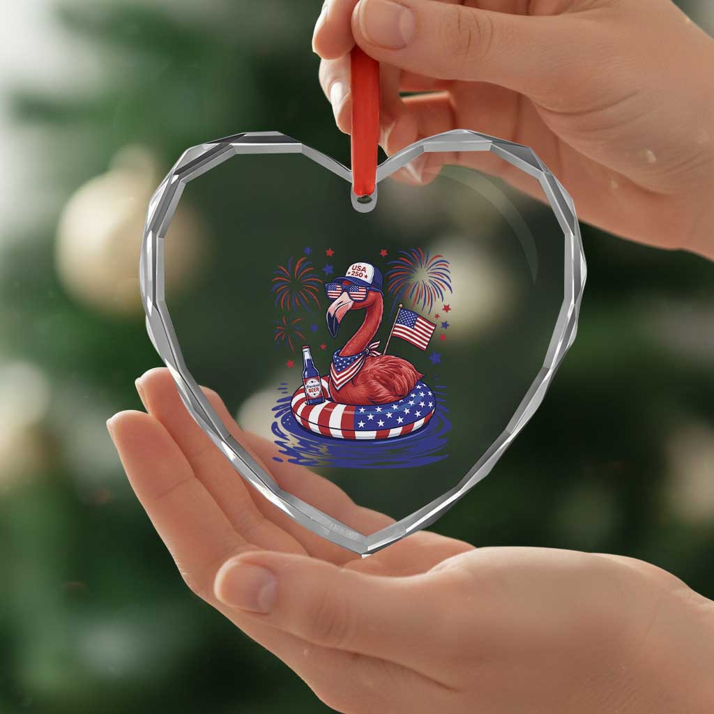 Flamingo 4Th Of July Patriotic USA American Flag Heart Crystal Glass Ornament