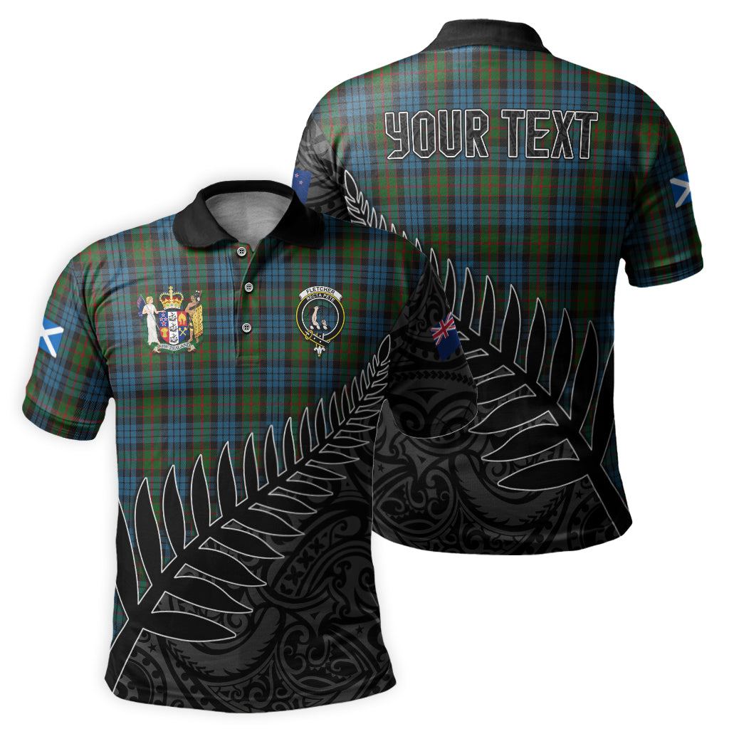 fletcher-of-dunans-tartan-family-crest-golf-shirt-with-fern-leaves-and-coat-of-arm-of-new-zealand-personalized-your-name-scottish-tatan-polo-shirt