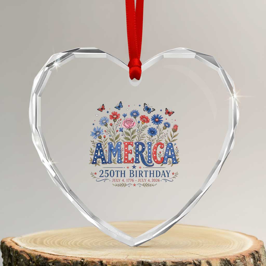 Floral 250th Anniversary Heart Crystal Glass Ornament Wildflower Independence Day 250 Years Birthday 1776 2026