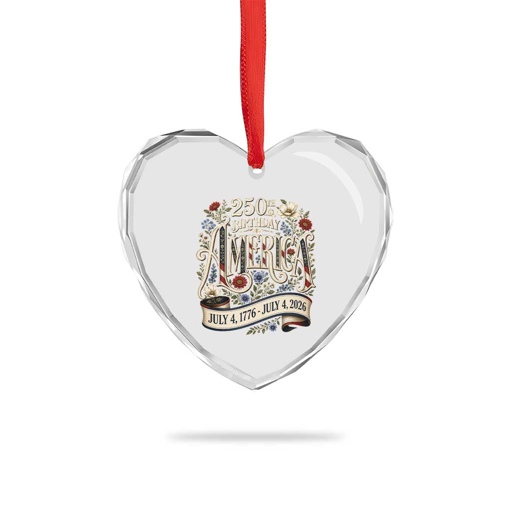 Floral America 250th Birthday Heart Crystal Glass Ornament 4th of July America 250 Years Retro