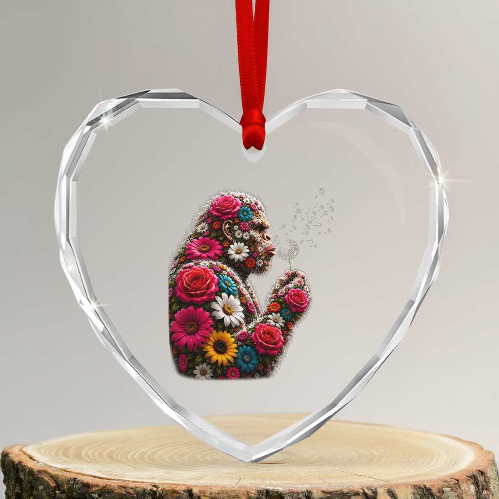 Floral Bigfoot Blowing Wishes Dandelion Heart Crystal Glass Ornament Vintage Sasquatch Art Botanical Wildlife Graphic