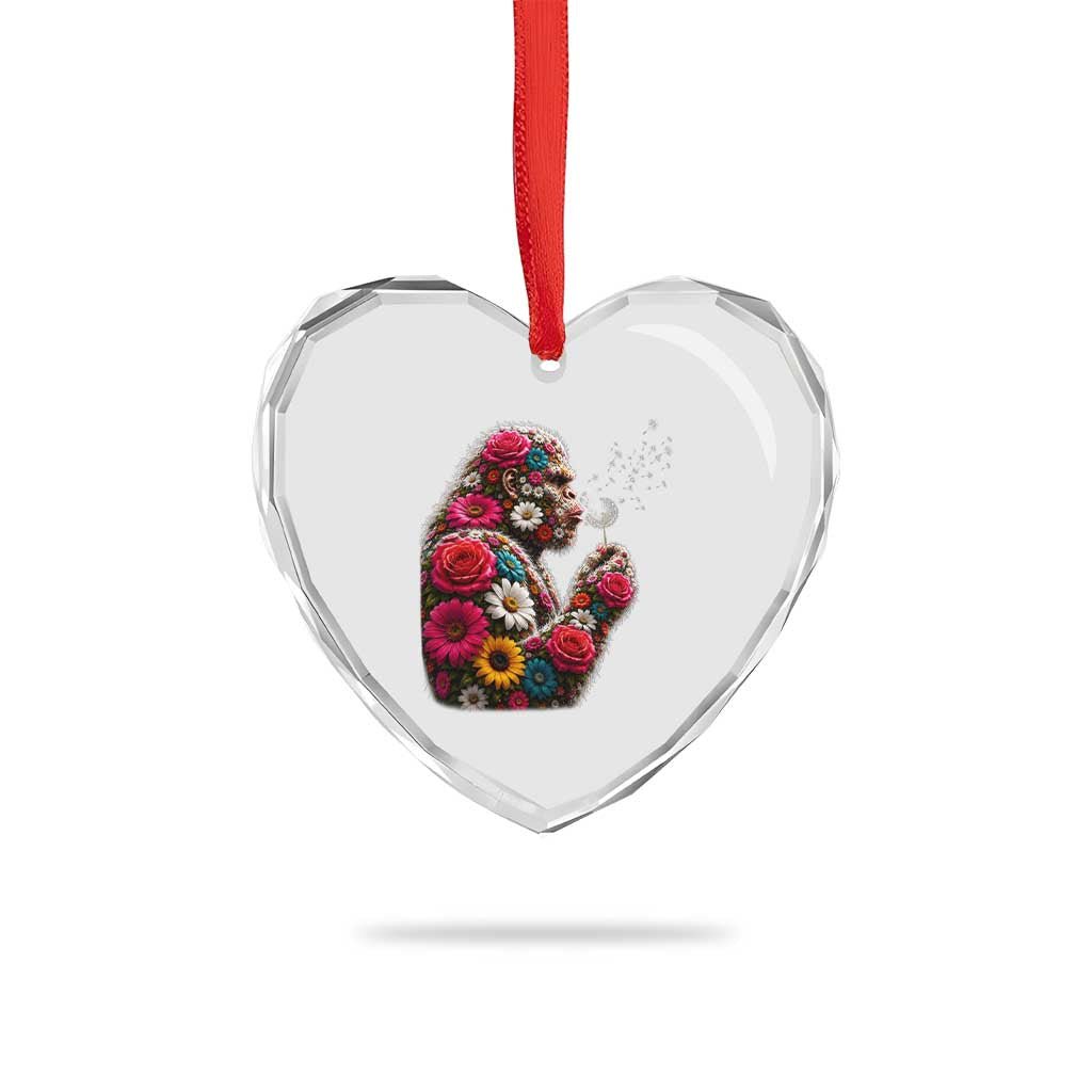 Floral Bigfoot Blowing Wishes Dandelion Heart Crystal Glass Ornament Vintage Sasquatch Art Botanical Wildlife Graphic