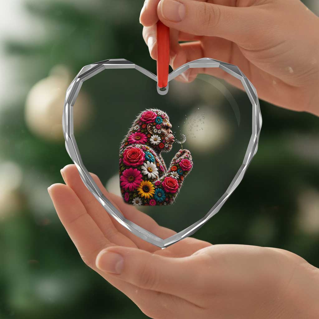 Floral Bigfoot Blowing Wishes Dandelion Heart Crystal Glass Ornament Vintage Sasquatch Art Botanical Wildlife Graphic