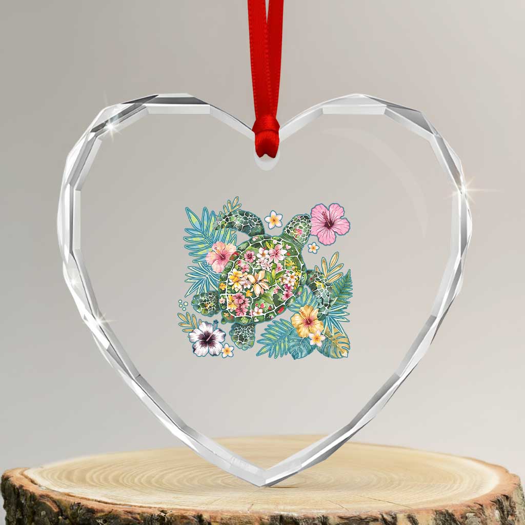 Floral Summer Turtle Heart Crystal Glass Ornament Preppy Tropical Coastal Beach Graphic