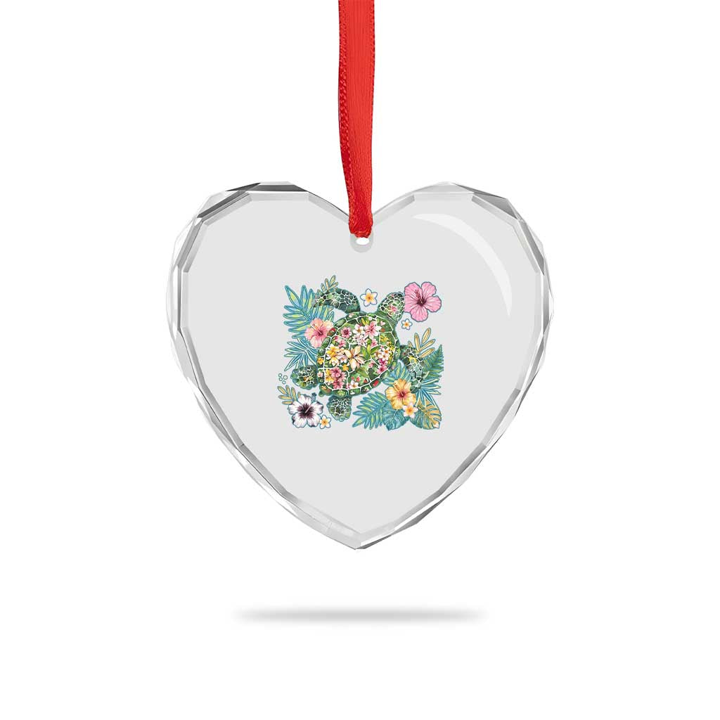 Floral Summer Turtle Heart Crystal Glass Ornament Preppy Tropical Coastal Beach Graphic