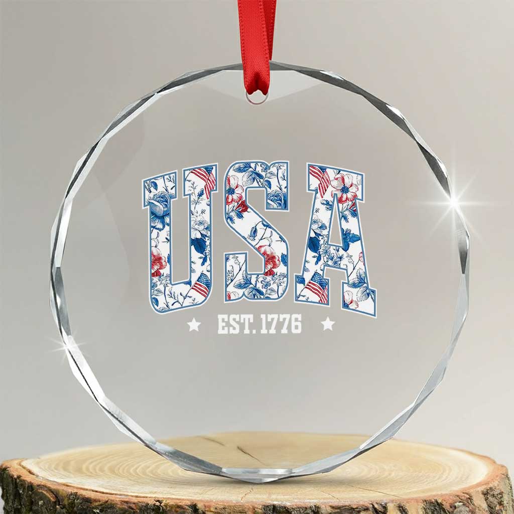 Floral USA Crystal Glass Ornament Est 1776 Patriotic American Girl 4th of July - Wonder Print Shop