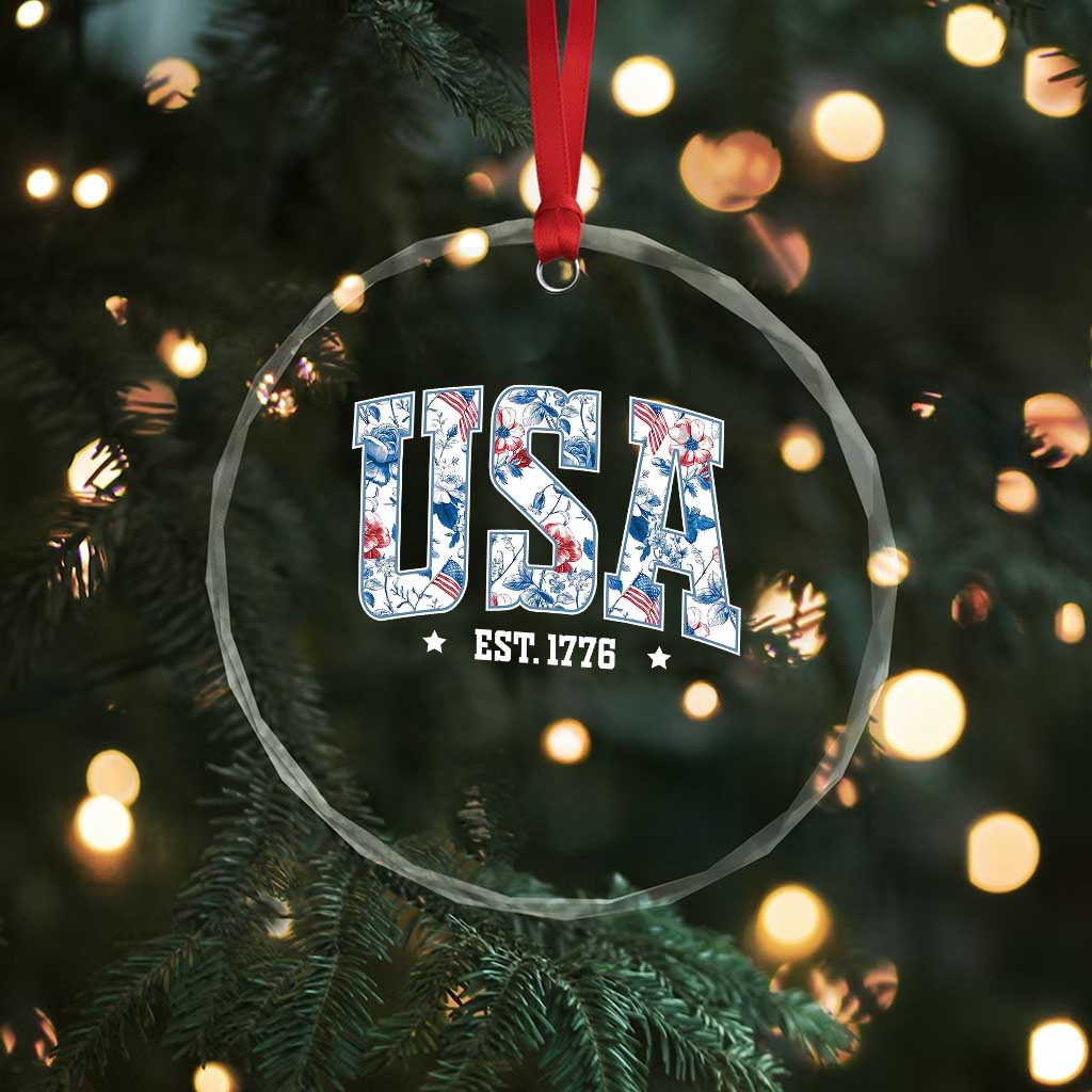 Floral USA Crystal Glass Ornament Est 1776 Patriotic American Girl 4th of July - Wonder Print Shop