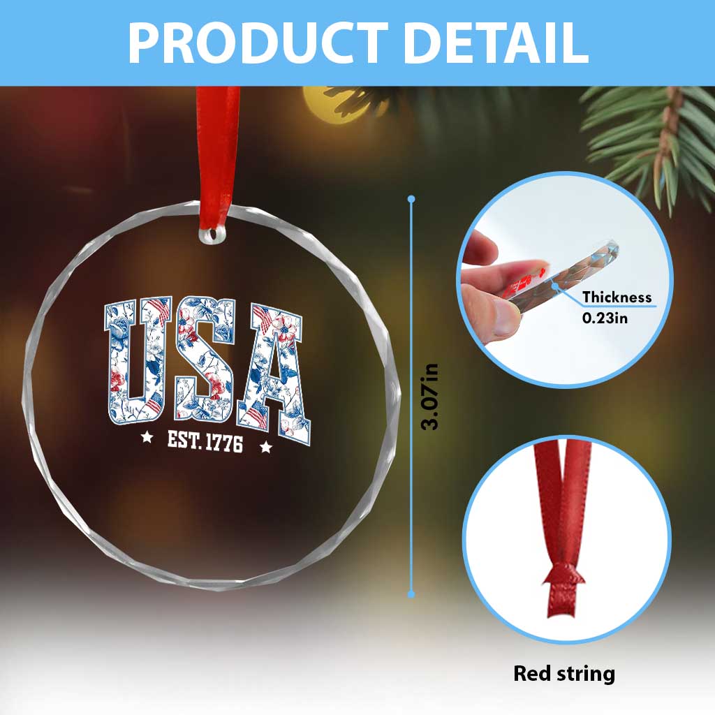Floral USA Crystal Glass Ornament Est 1776 Patriotic American Girl 4th of July - Wonder Print Shop