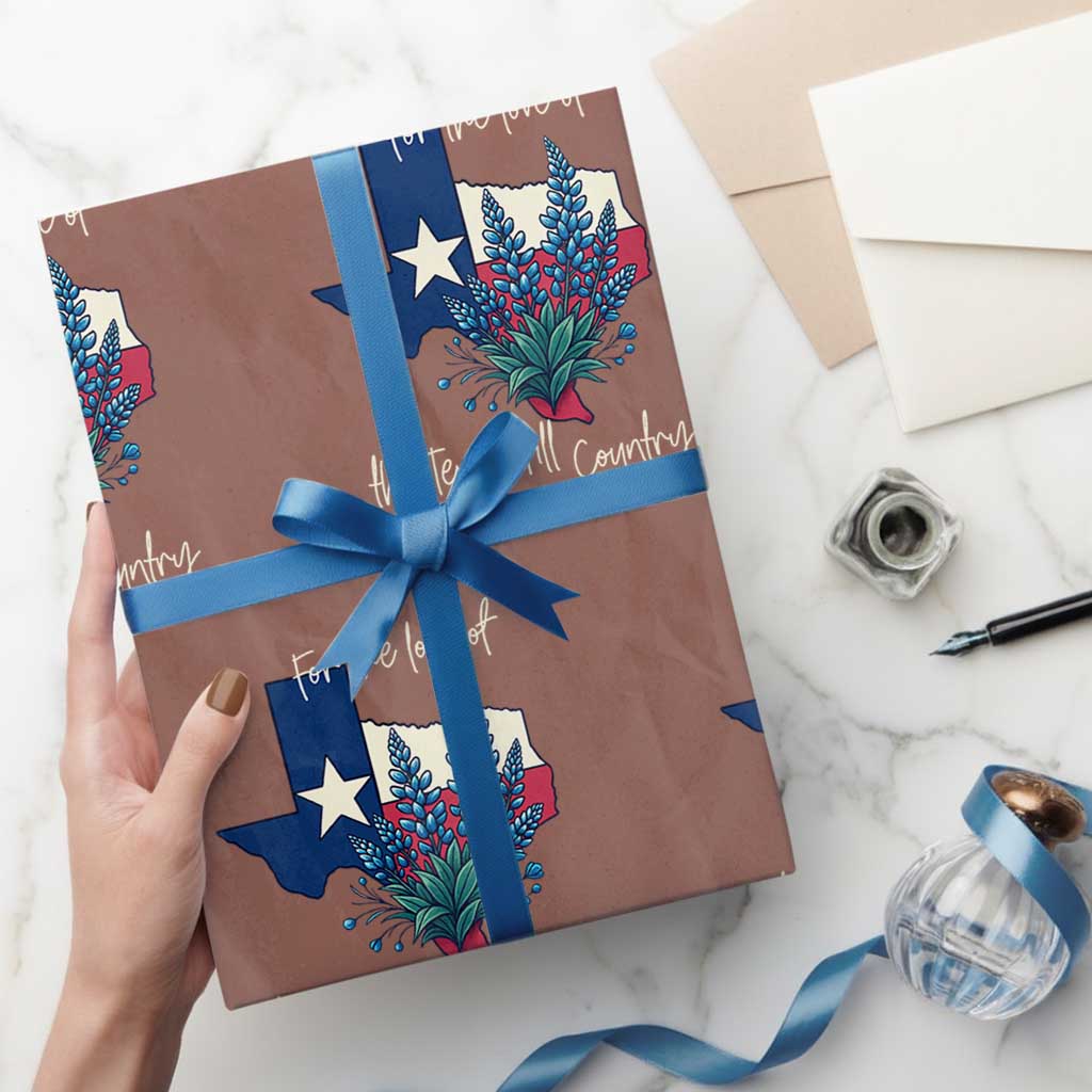 For the Love of the Texas Hill Country Wrapping Paper Roll Bluebonnet Floral Patriotic Flag - Wonder Print Shop