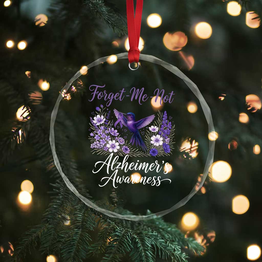 Forget Me Not Alzheimers Awareness Crystal Glass Ornament Hummingbird Purple Ribbon Floral