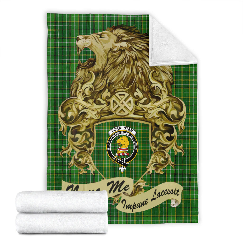 forrester-or-foster-hunting-tartan-premium-blanket-motto-nemo-me-impune-lacessit-with-vintage-lion-family-crest-tartan-plaid-blanket-vintage-style