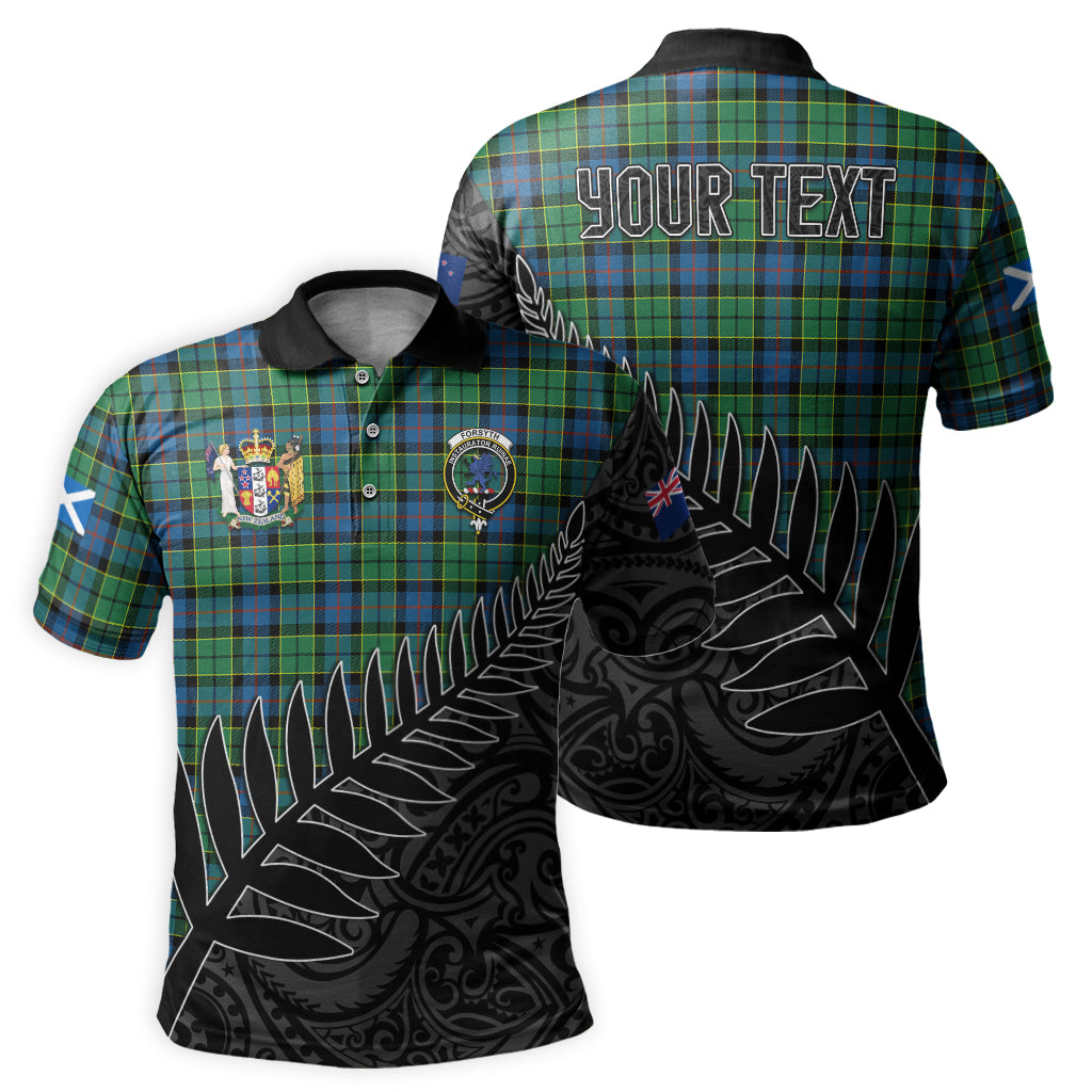 forsyth-ancient-tartan-family-crest-golf-shirt-with-fern-leaves-and-coat-of-arm-of-new-zealand-personalized-your-name-scottish-tatan-polo-shirt