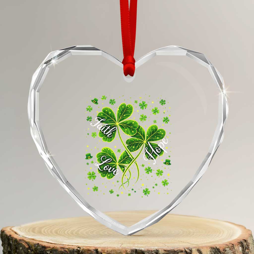 Four Leaf Clover Christian Heart Crystal Glass Ornament Irish Lucky Shamrock Faith Hope Love Religious