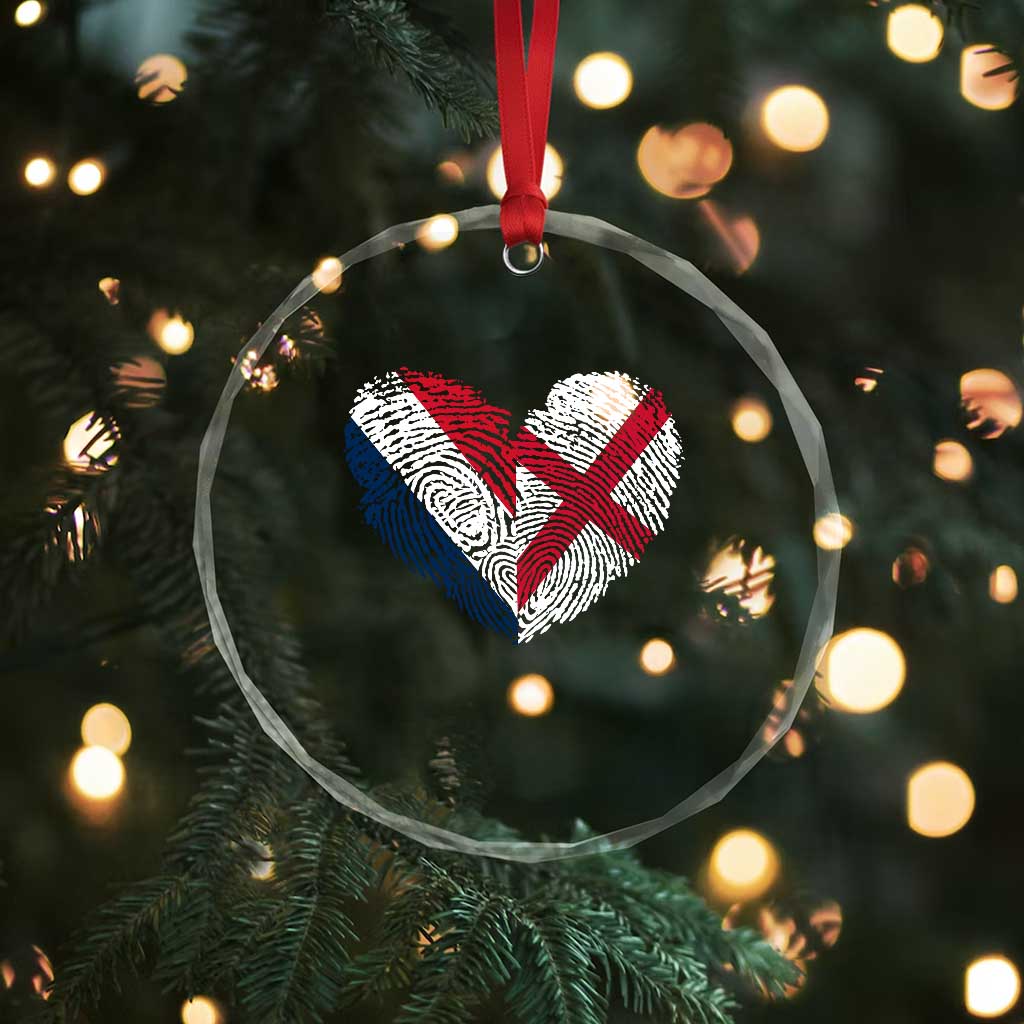 France England Flag Fingerprint Heart DNA Graphic Crystal Glass Ornament Proud Anglo English French Ancestry Love Identity