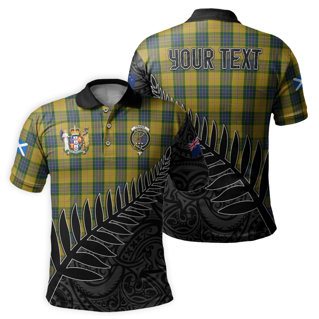 fraser-yellow-tartan-family-crest-golf-shirt-with-fern-leaves-and-coat-of-arm-of-new-zealand-personalized-your-name-scottish-tatan-polo-shirt