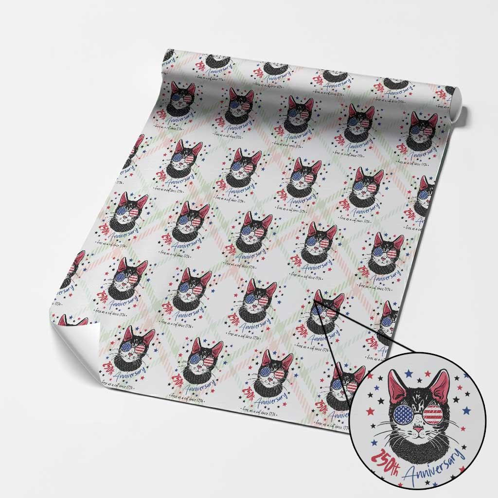 Free As A Cat Since 1776 Funny Patriotic Wrapping Paper Roll Cool American Flag Sunglasses Cat 250th Anniversary Semiquincentennial