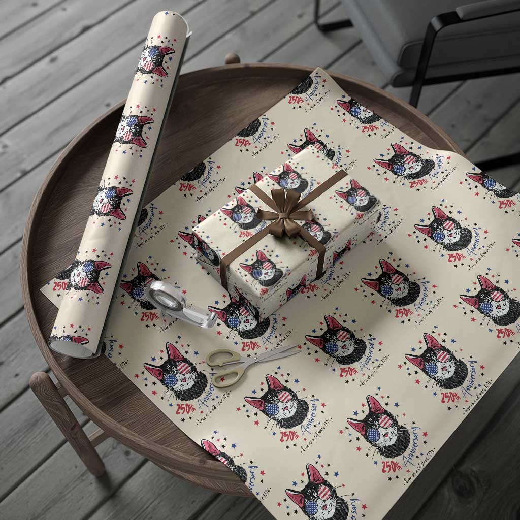 Free As A Cat Since 1776 Funny Patriotic Wrapping Paper Roll Cool American Flag Sunglasses Cat 250th Anniversary Semiquincentennial