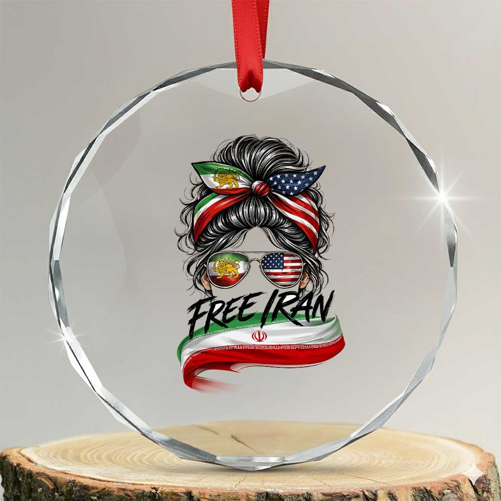 Free Iran Crystal Glass Ornament Persian American Pride Lion Sun Flag Messy Bun