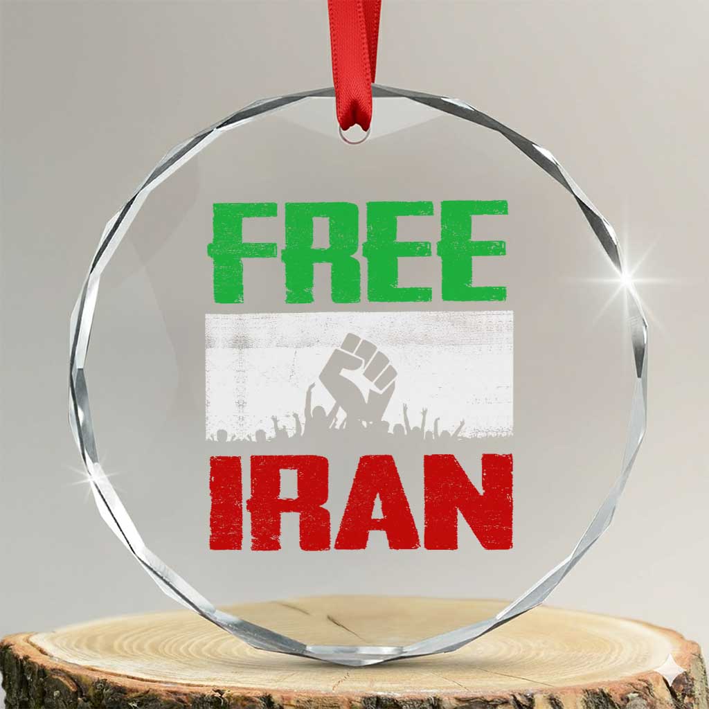 Free Iran Freedom Protest Crystal Glass Ornament Iranian Flag Raised Fist and Crowd Revolution
