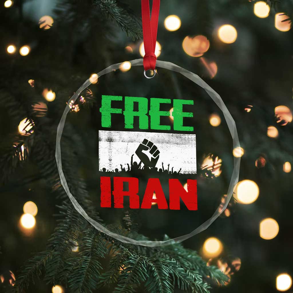 Free Iran Freedom Protest Crystal Glass Ornament Iranian Flag Raised Fist and Crowd Revolution