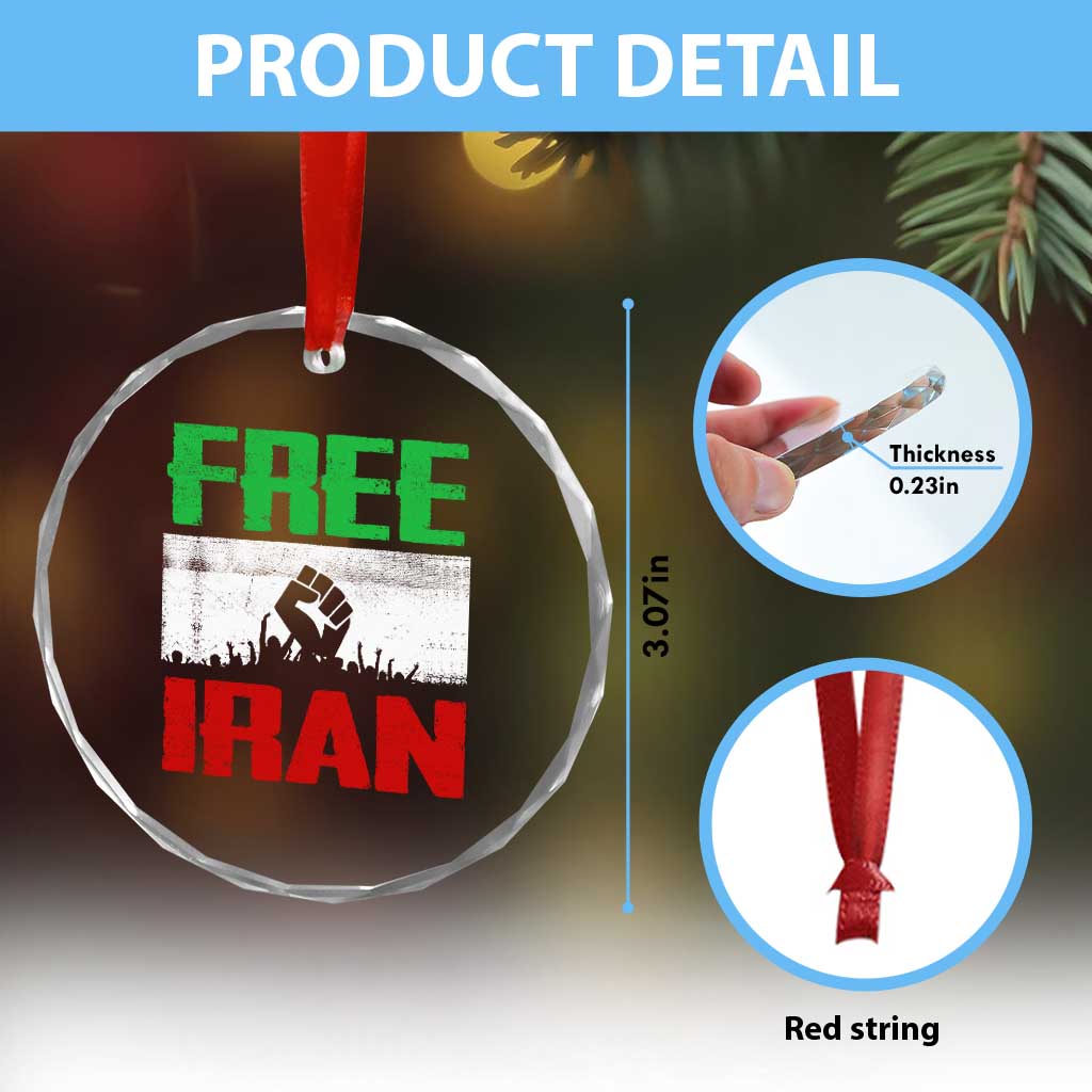 Free Iran Freedom Protest Crystal Glass Ornament Iranian Flag Raised Fist and Crowd Revolution