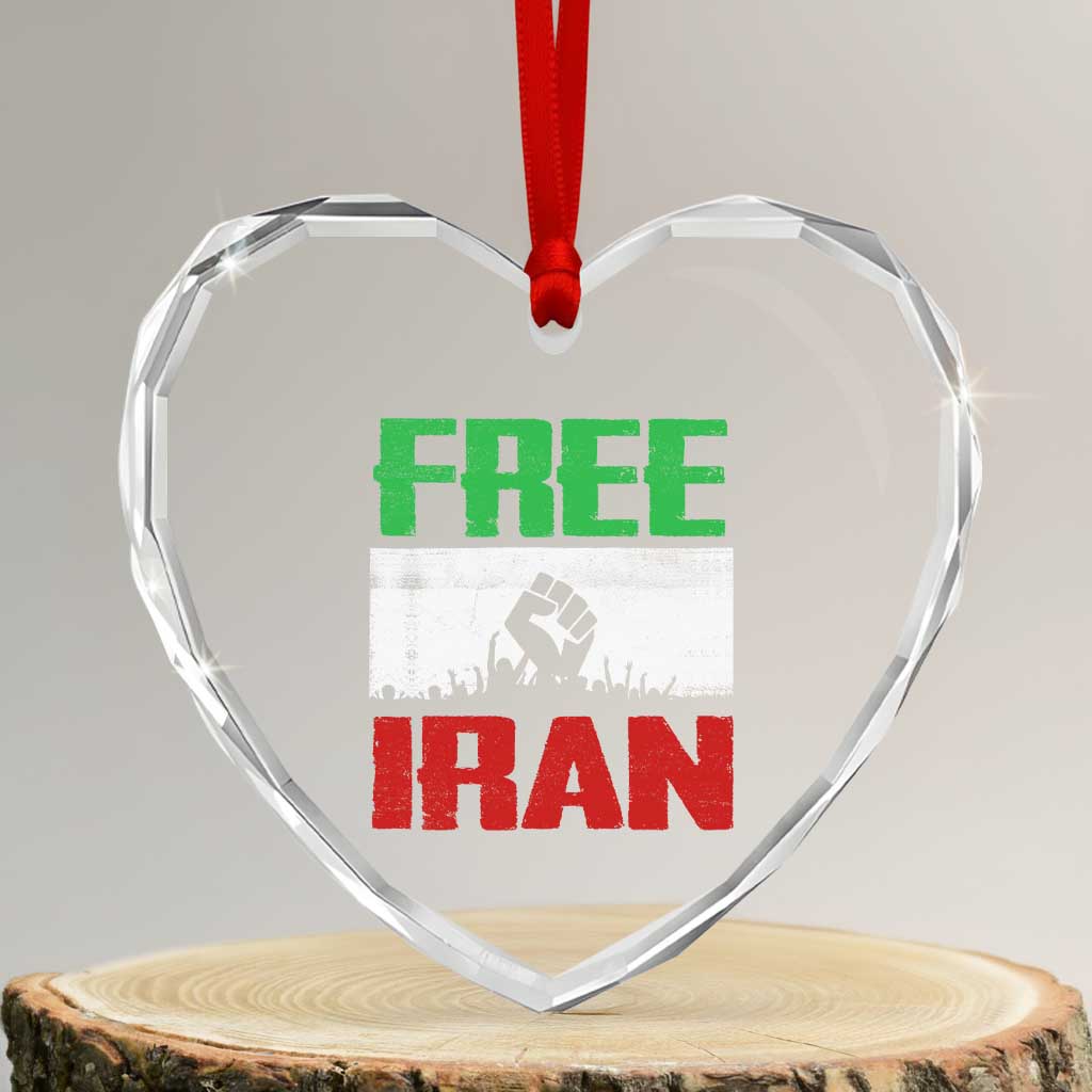 Free Iran Freedom Protest Heart Crystal Glass Ornament Iranian Flag Raised Fist and Crowd Revolution