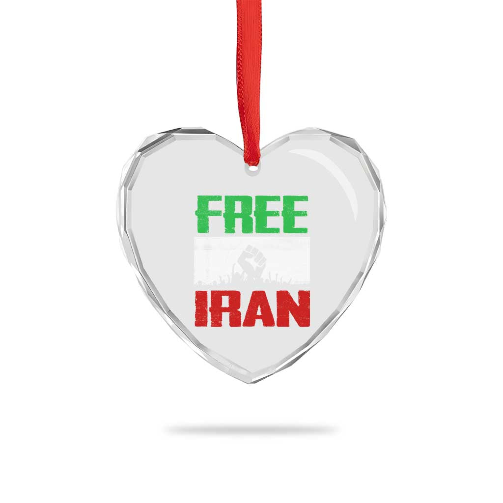 Free Iran Freedom Protest Heart Crystal Glass Ornament Iranian Flag Raised Fist and Crowd Revolution