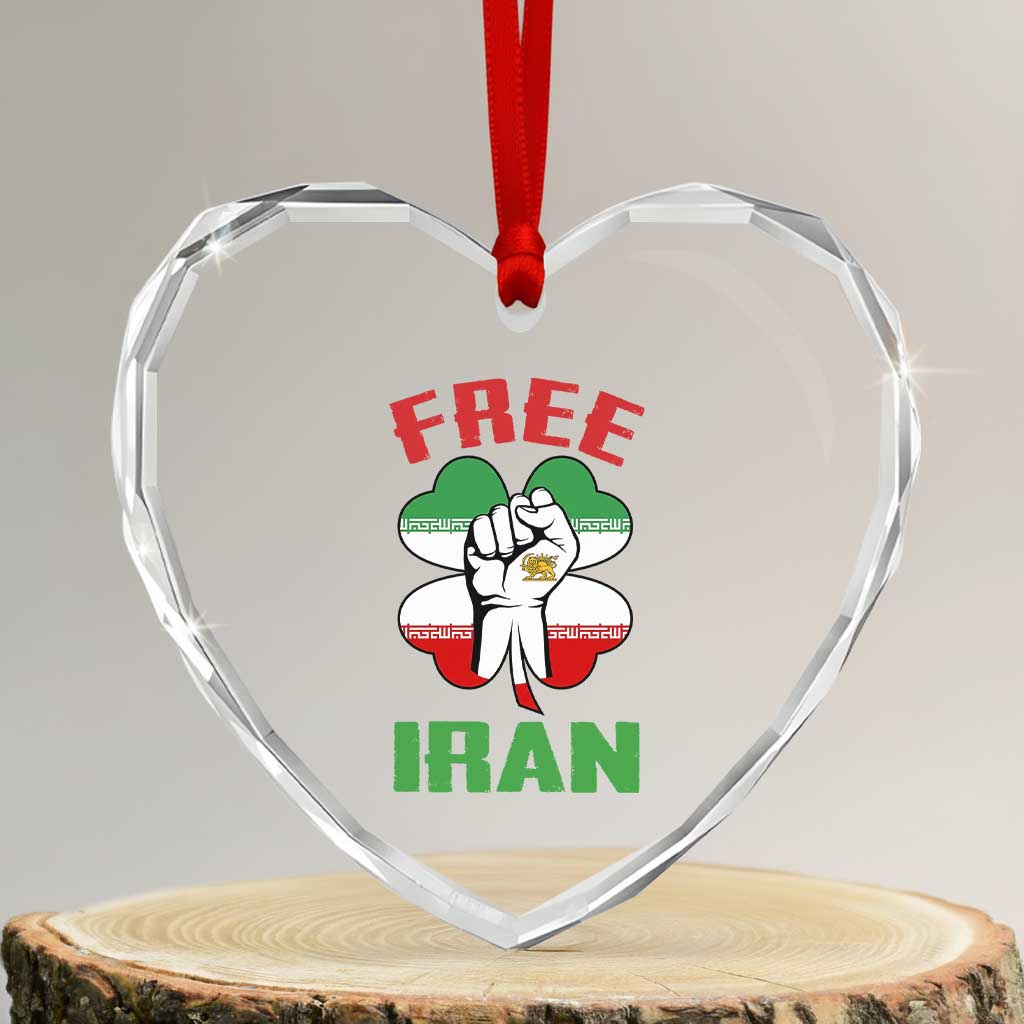 Free Iran Raised Fist and Persian Flag Clover Heart Crystal Glass Ornament Lion and Sun Freedom Fighter Iranian Revolution