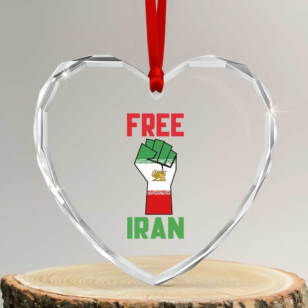 Free Iran Raised Fist Heart Crystal Glass Ornament Persian Flag Lion and Sun Emblem Iranian Revolution