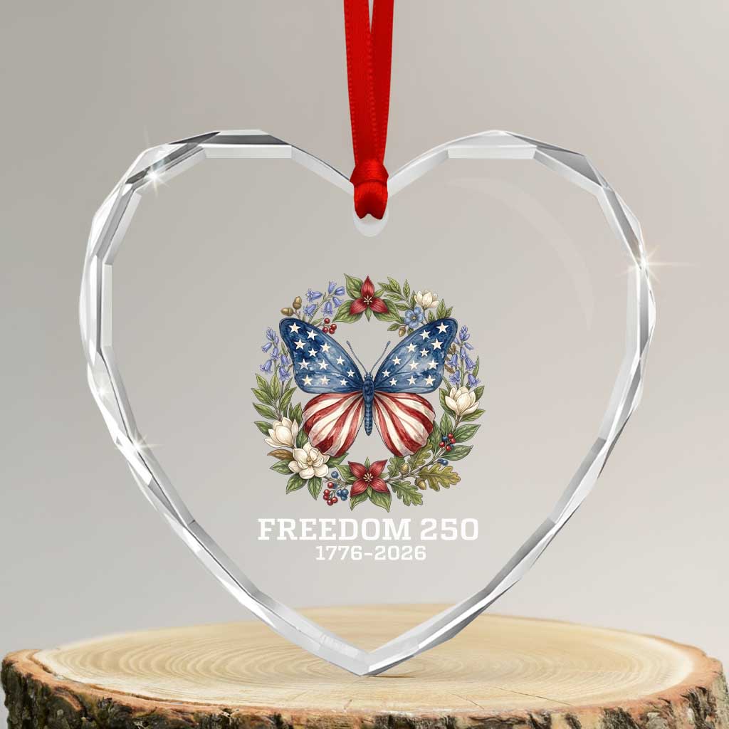 Freedom 250 Years American Flag Butterfly Heart Crystal Glass Ornament Floral Wreath Patriotic 1776-2026 Semiquincentennial Celebration