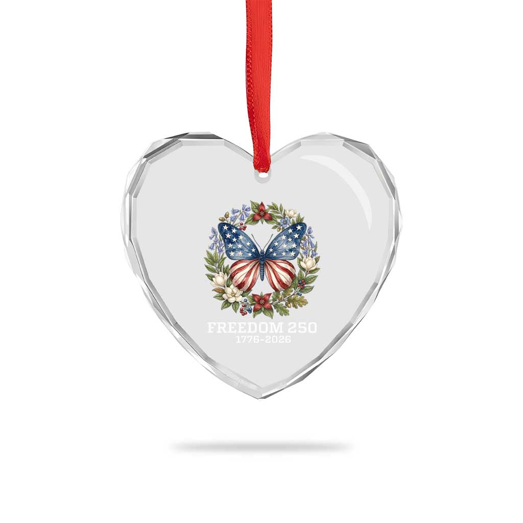 Freedom 250 Years American Flag Butterfly Heart Crystal Glass Ornament Floral Wreath Patriotic 1776-2026 Semiquincentennial Celebration