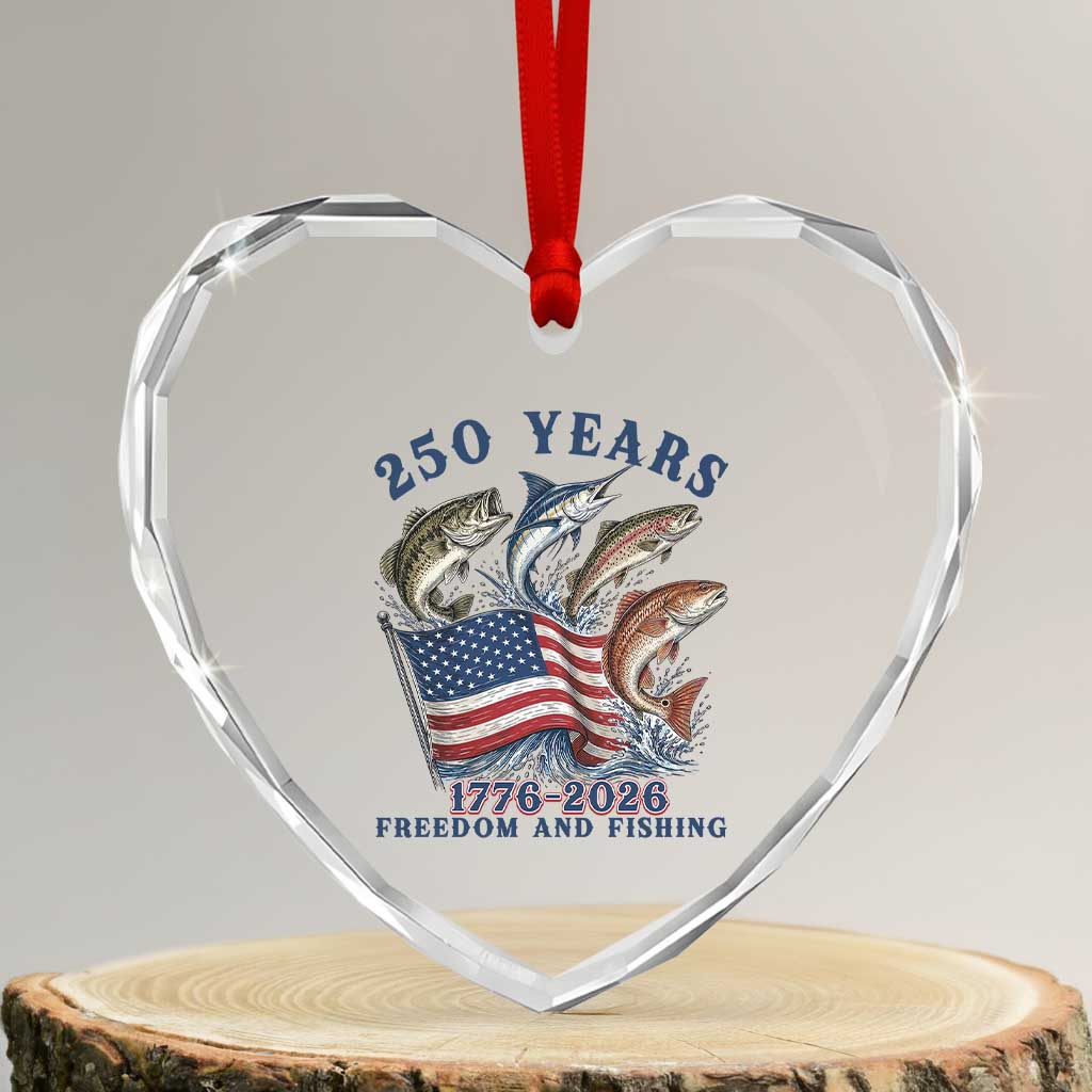 Freedom And Fishing Heart Crystal Glass Ornament Patriotic American Flag Fisherman Gift
