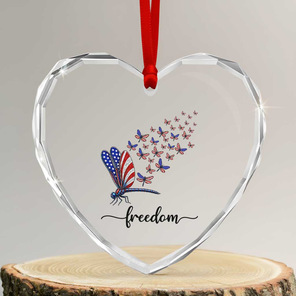 Freedom Dragonfly American Flag 4th Of July Heart Crystal Glass Ornament Patriotic Nature Lover Graphic