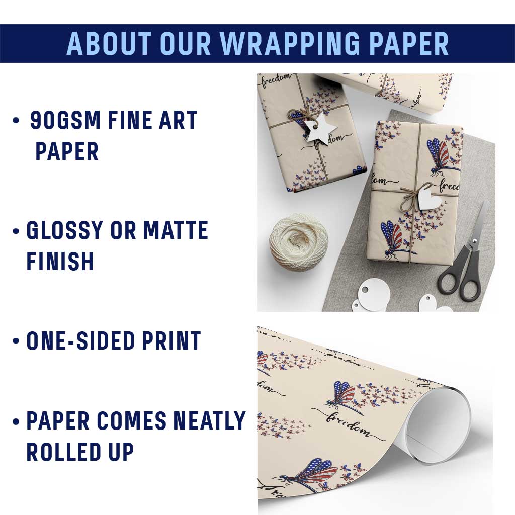 Freedom Dragonfly American Flag 4th Of July Wrapping Paper Roll Patriotic Nature Lover Graphic