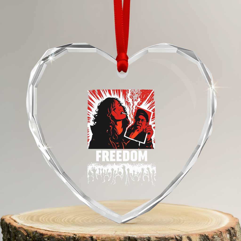 Freedom Iran Women Revolution 2026 Heart Crystal Glass Ornament Lighting Cigarette with Burning Portrait Graphic