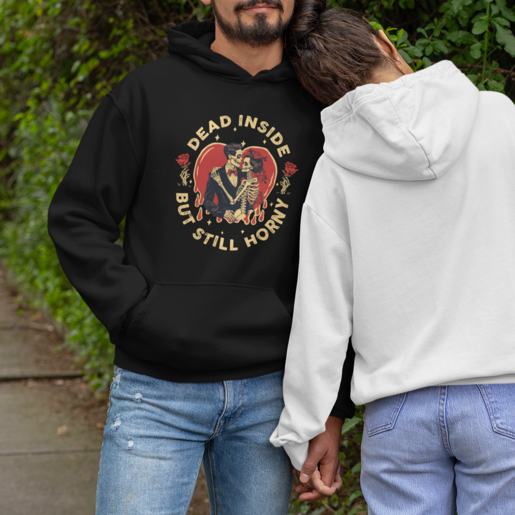 Dead Inside But Still Horny Vintage Skeleton Couple Valentine's Day Hoodie - Wonder Print Shop