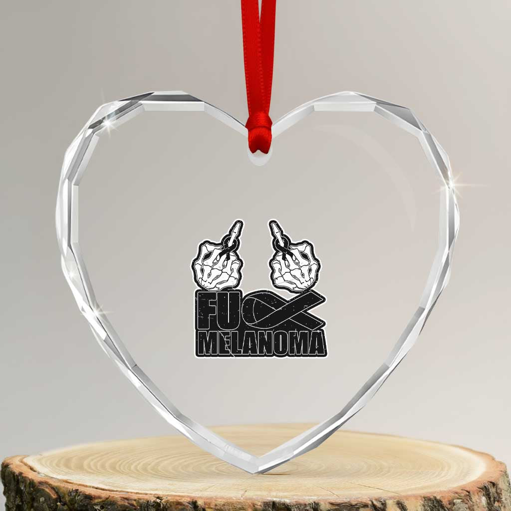 Fuck Melanoma Heart Crystal Glass Ornament Skeleton Hand Black Ribbon Awareness
