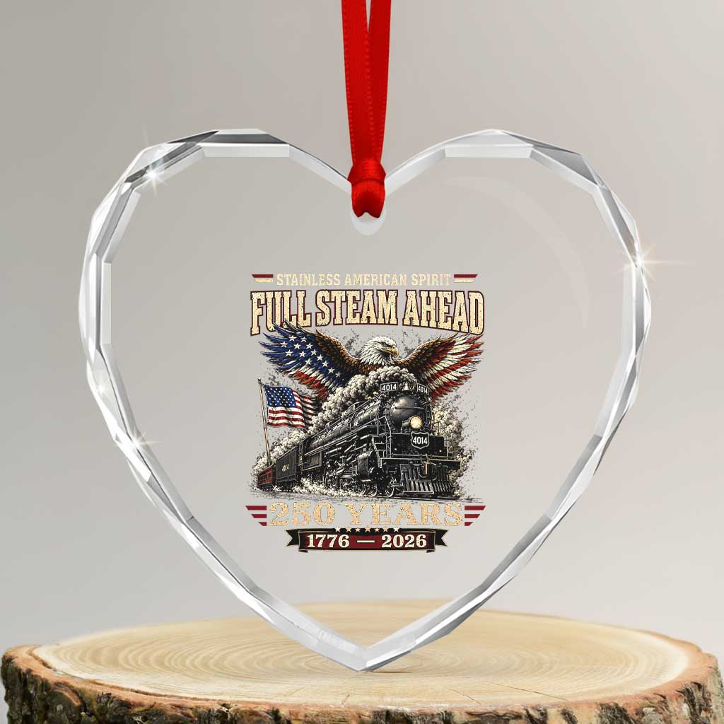 Full Steam Ahead Patriotic Bald Eagle Heart Crystal Glass Ornament Vintage Stainless American Spirit Steam Locomotive Heritage
