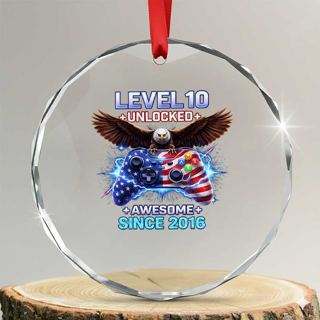 Funny 10th Birthday Crystal Glass Ornament Level 10 Unlocked Awesome Since 2016 USA Gamer