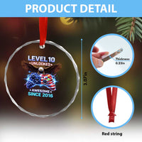 Funny 10th Birthday Crystal Glass Ornament Level 10 Unlocked Awesome Since 2016 USA Gamer
