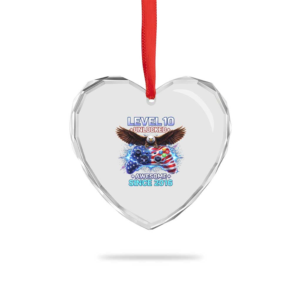 Funny 10th Birthday Heart Crystal Glass Ornament Level 10 Unlocked Awesome Since 2016 USA Gamer