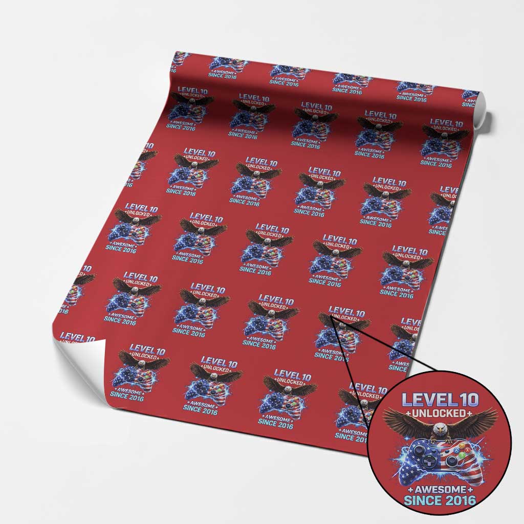 Funny 10th Birthday Wrapping Paper Roll Level 10 Unlocked Awesome Since 2016 USA Gamer