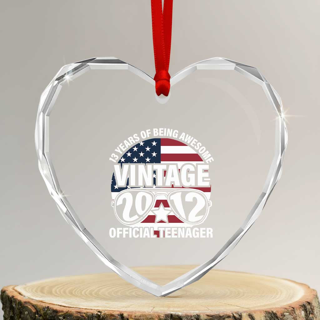 Funny 13th Birthday Heart Crystal Glass Ornament Vintage 2012 Official Teenager 13 Years Of Being Awesome USA Flag Sunglasses - Wonder Print Shop