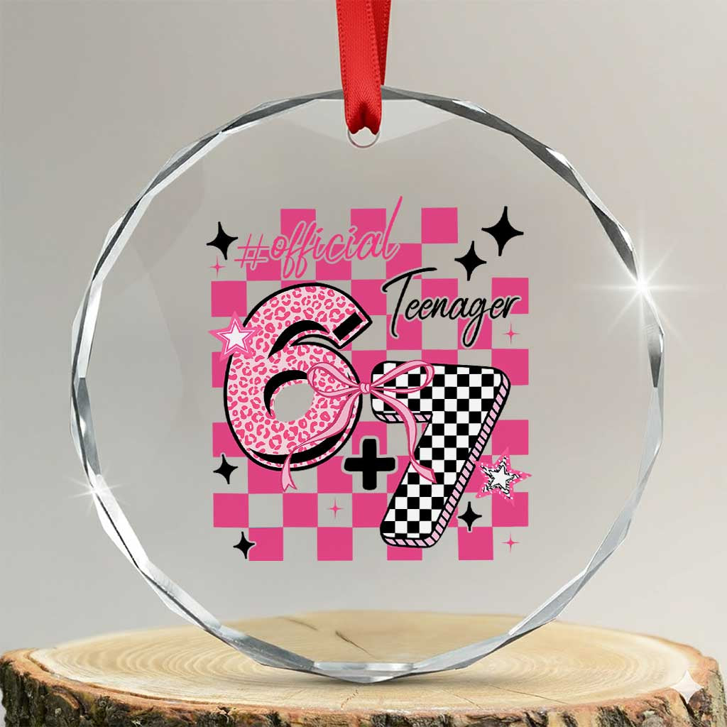 Funny 13th Birthday Official Teenager Crystal Glass Ornament 6+7 13 Year Old Kids Girls Pink Checkered 67 Meme