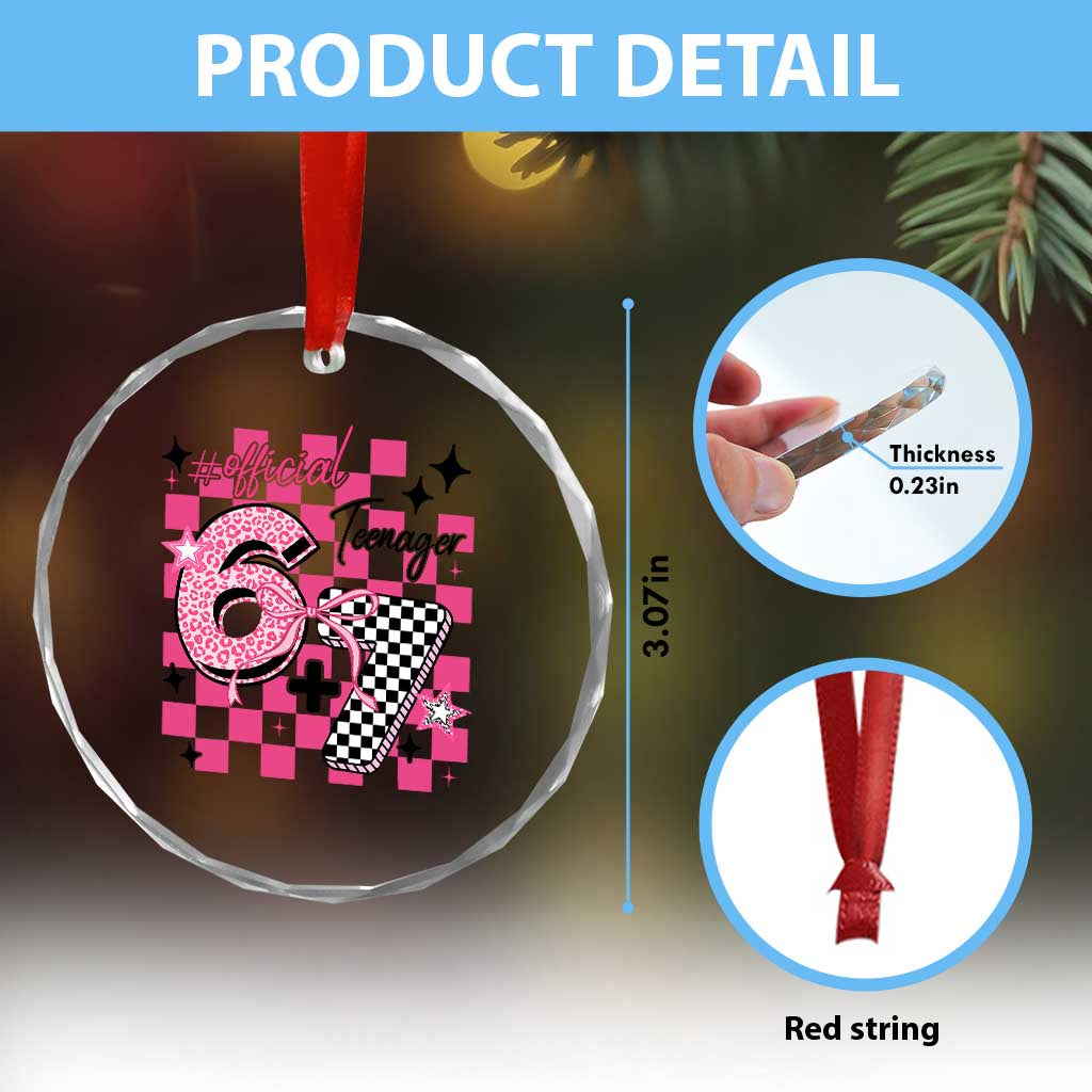 Funny 13th Birthday Official Teenager Crystal Glass Ornament 6+7 13 Year Old Kids Girls Pink Checkered 67 Meme