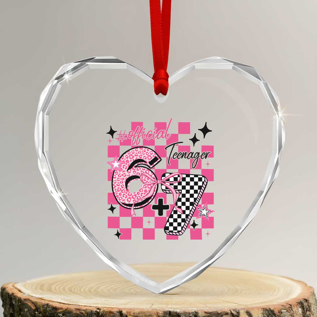 Funny 13th Birthday Official Teenager Heart Crystal Glass Ornament 6+7 13 Year Old Kids Girls Pink Checkered 67 Meme